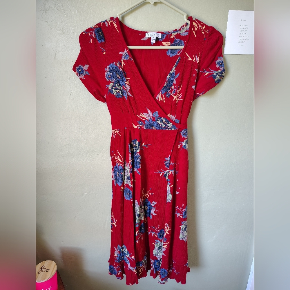 Patrons of Peace Small Red Short Sleeve V-neck Wrap Dress Tie Waist - Picture 2 of 12